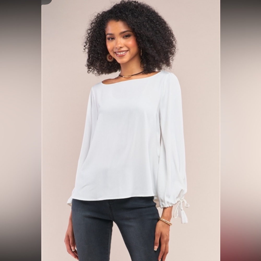 Sugar + Lips off white boatneck tie peasant sleeve blouse sizes xs s m l